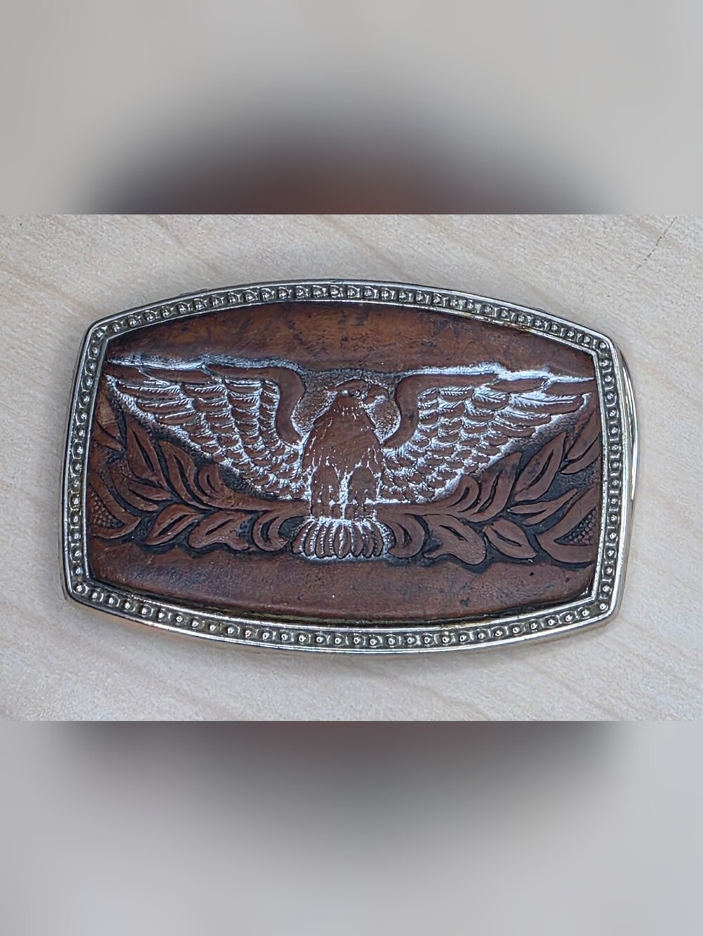 Vintage Alumaline Eagle Belt Buckle - Brown Tooled Faux Leather Wood Look BB-317